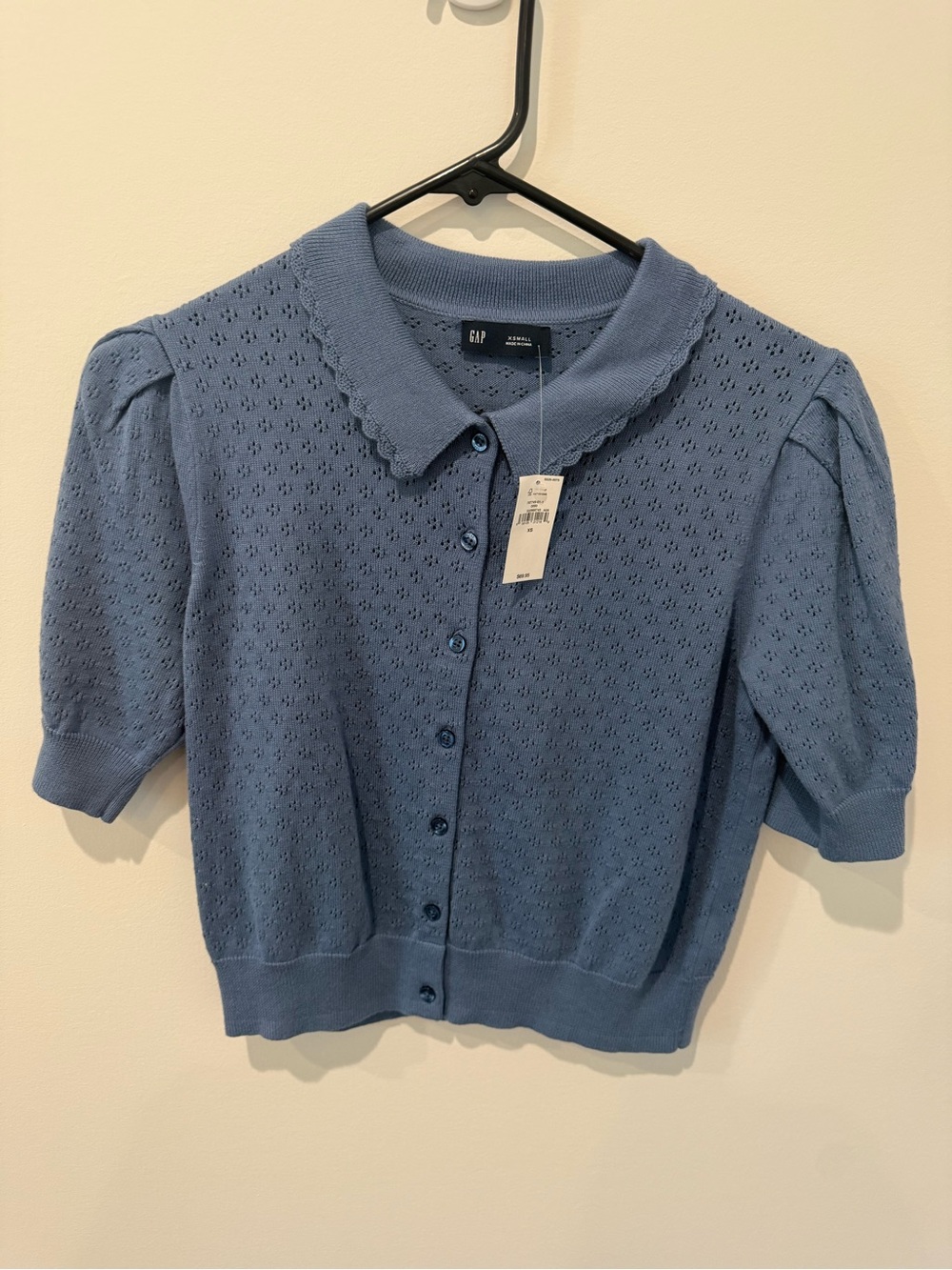 GAP Scalloped Collar Perforated Knit Cardigan - Dusty Blue